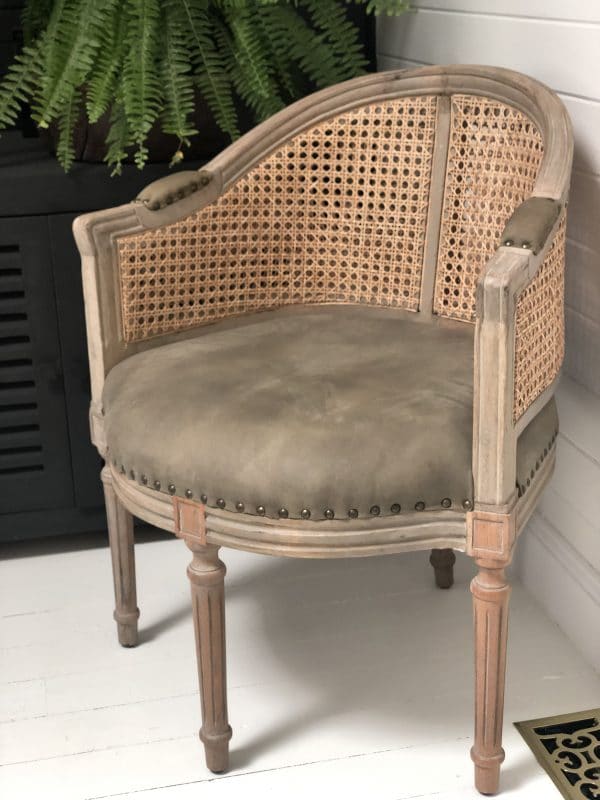 Rattan Armchair with olive coloured upholstery in this image with a fern in the background.