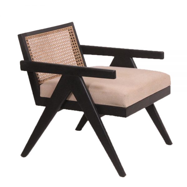 Black armchair with rattan back and cushion bottom