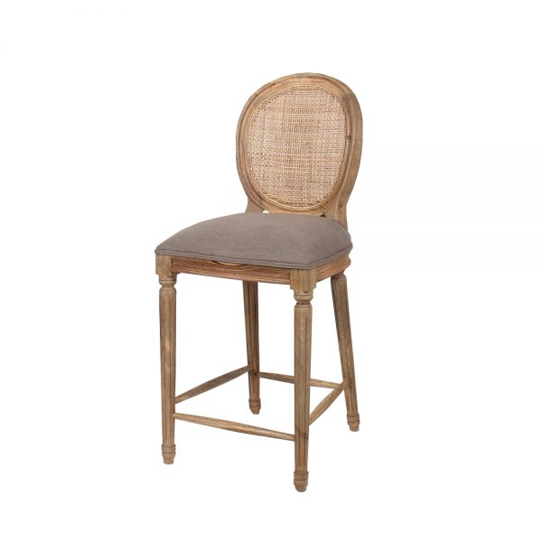 Rattan Back Bar Stool with upholstered bottom in Grey Linen