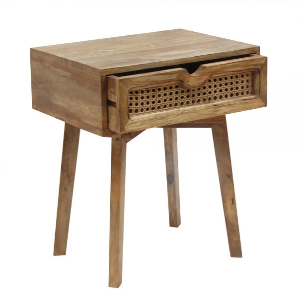 Bedside Table with slightly open rattan drawer to show the groove which runs on in a natural finish