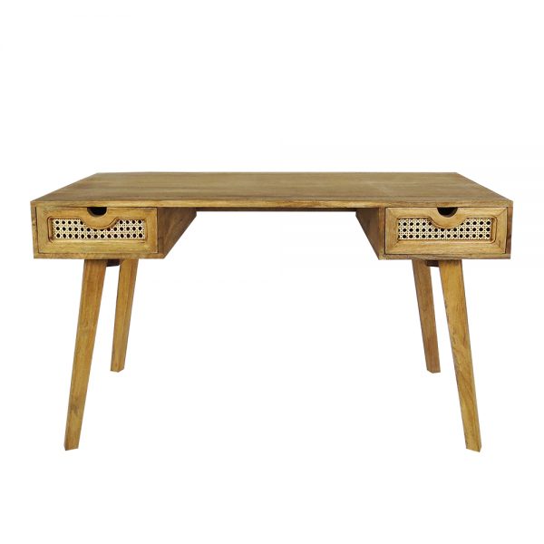 Mango wood work desk in a natural finish with rattan drawers on either side