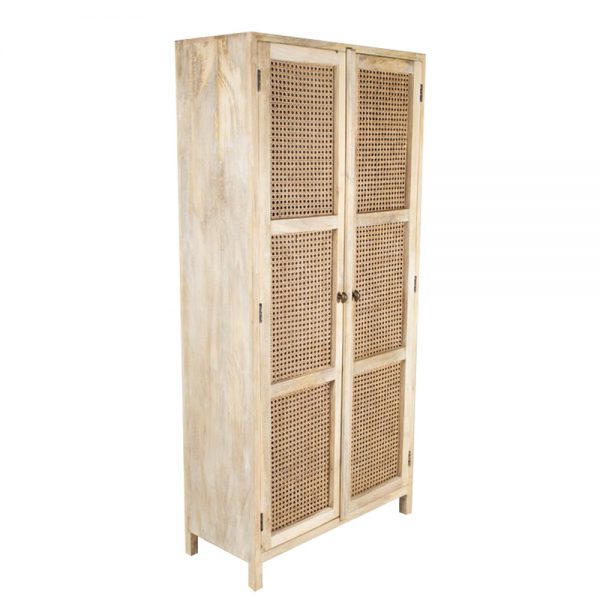 A mango wood display cabinet with rattan doors