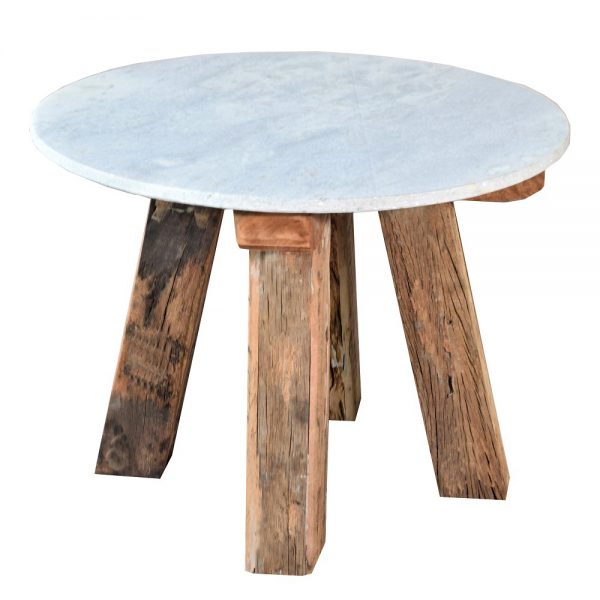 Bowral Rustic Round Marble Top Coffee Table with Reclaimed Wood Legs Catalogue 23/24 yndeinteriors.com.au