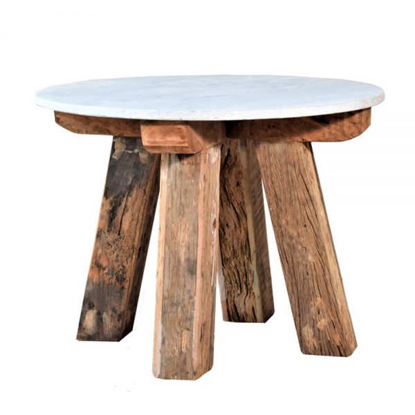 Round White Marble Top Coffee Table with 4 legged Reclaimed wood base.