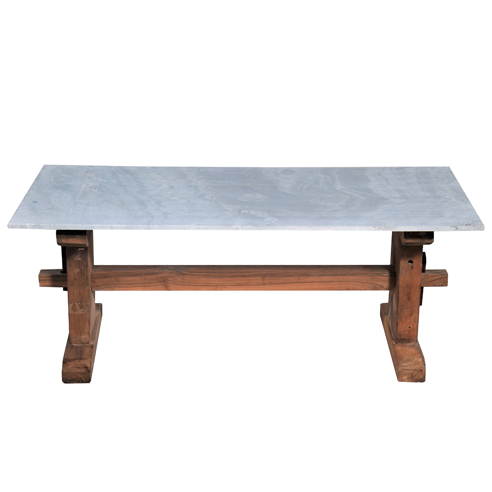 Bulli Round Marble Top Farmhouse Dining Table with Log Wood Base - 120cm