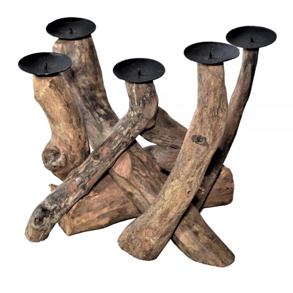 Driftwood 5 Candle Stand with 5 black spike candle holders