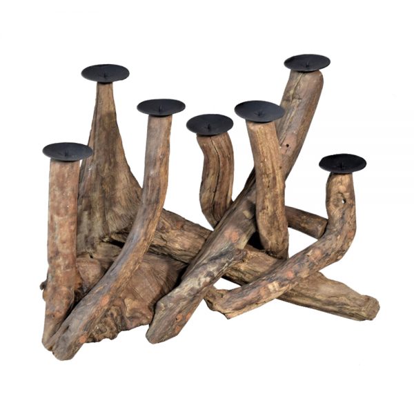 Driftwood 7 Candle stand with 7 black spike candle holders